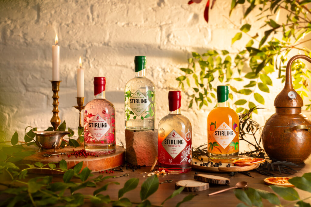 Bottles of Stirling gin against white backdrop