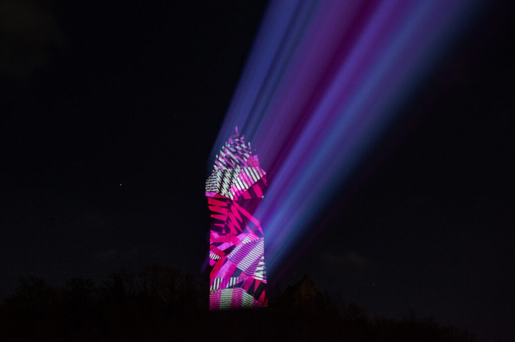 The iconic Wallace Monument in Stirling is illuminated with special effects to launch the cit of Stirling's bid for UK City of Culture 2025.