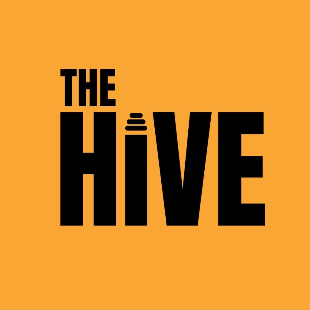 The Hive logo - words black against yellow orange background