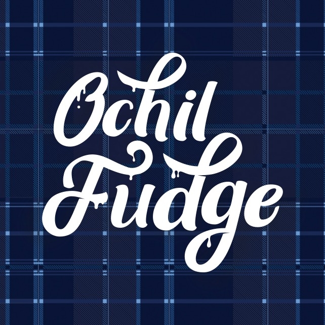 Words Ochil Fudge in white on blur tartan background
