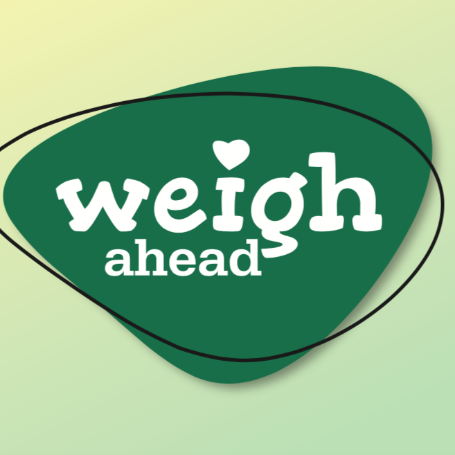 Words Weigh Ahead with heart above i, on green background