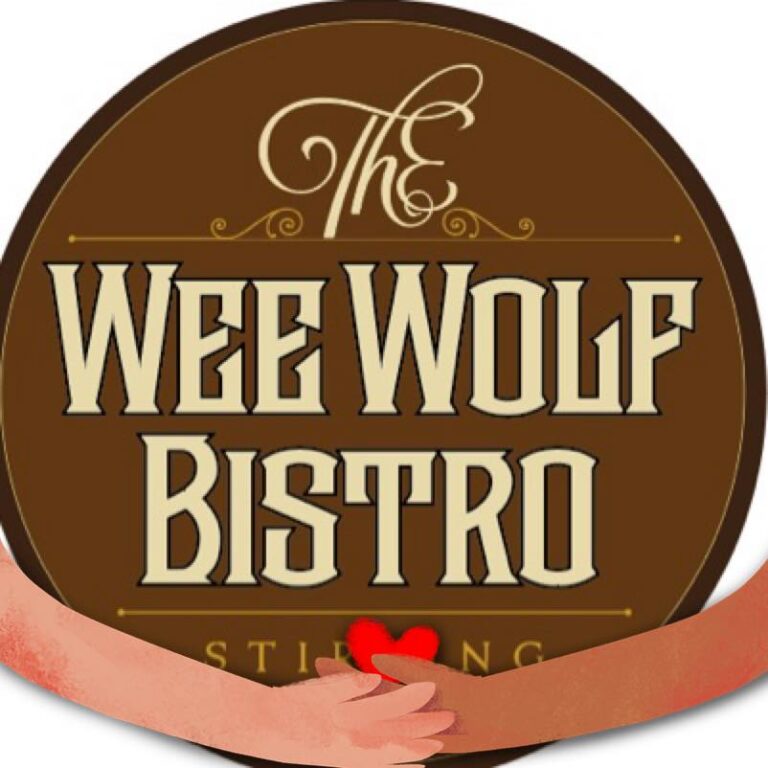 Wee Wolf Bistro Logo, words with hands together at bottom clutching a heart