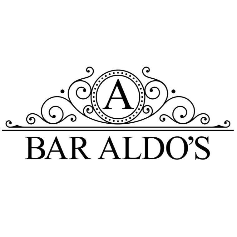 Letter A, surrounded by ornate flowers and words Bar Aldo's