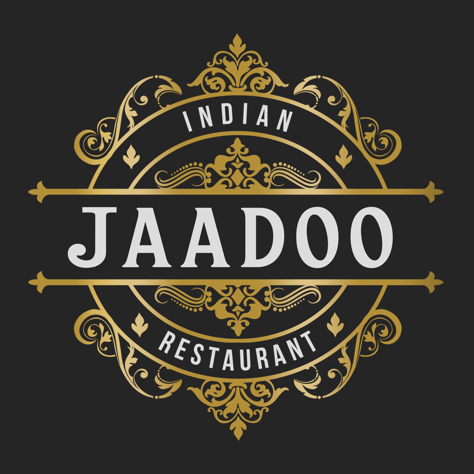 Black and gold logo with words Jaadoo